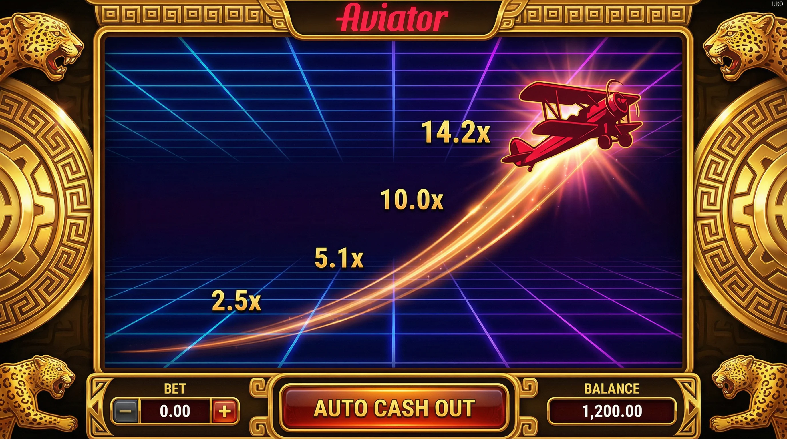 Juego Aviator mostrando avión rojo volando con multiplicadores crecientes 2.5x, 5.1x, 10x, 14.2x